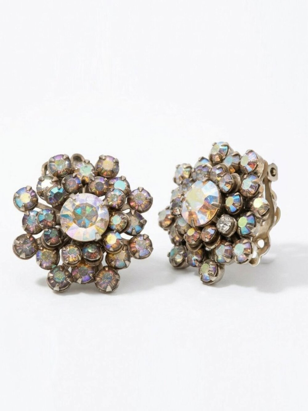 Vintage WEISS Aurora Borealis AB Rhinestone Cluster Clip-On Earrings Mid Century